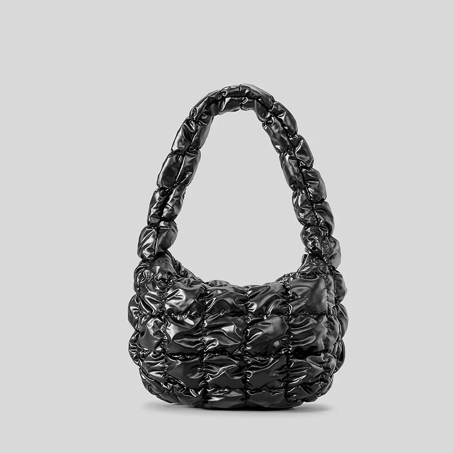 black quilted bag with ruched texture