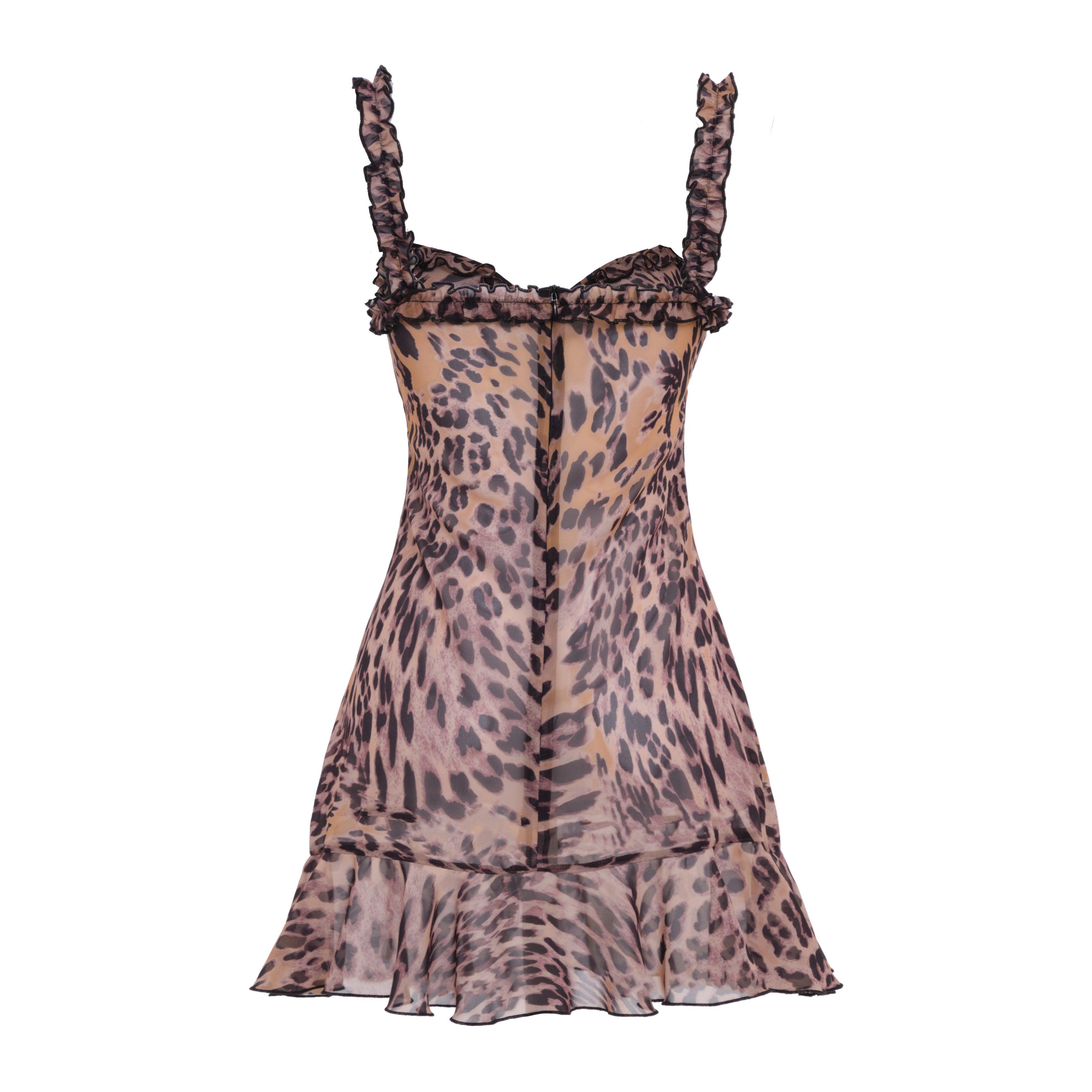 Cheetah patterned chiffon mini dress with ruffled straps and flared hem, ideal for casual outings or beachwear.