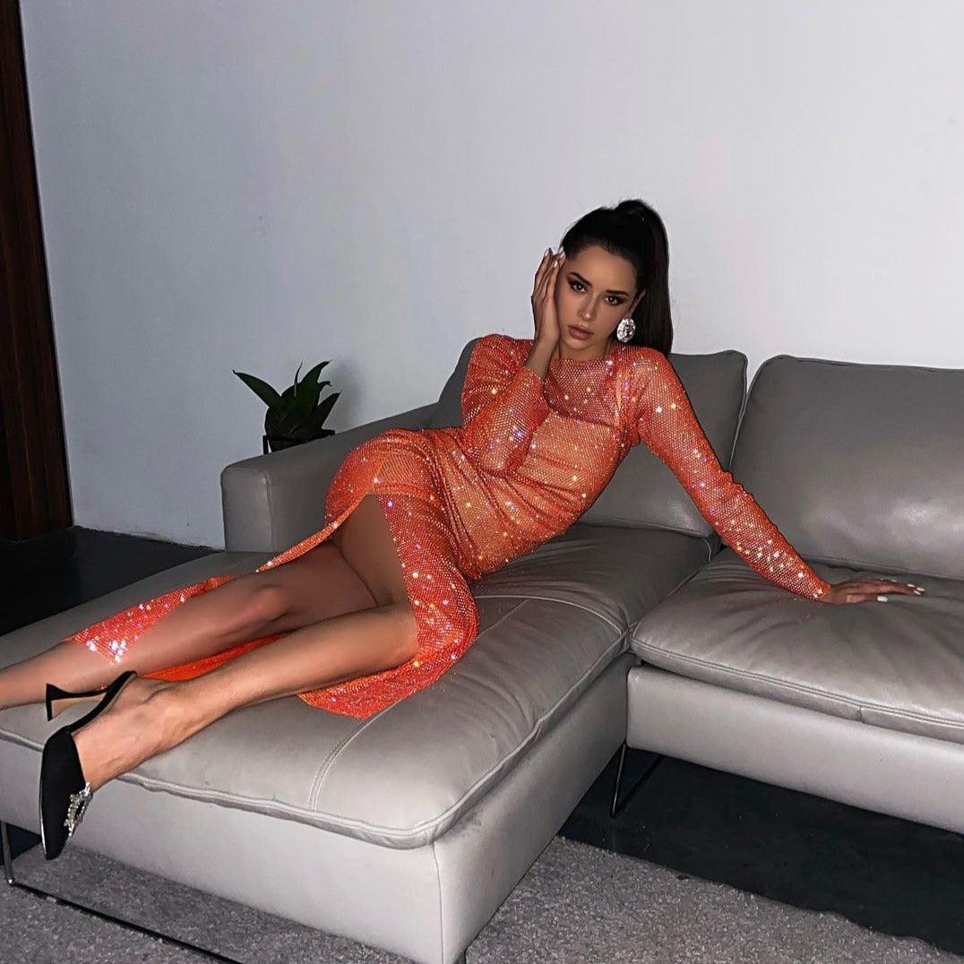 Rainbow Diamond Dusk Rhinestone Midi Dress - Orange / XS - Mermaid Way