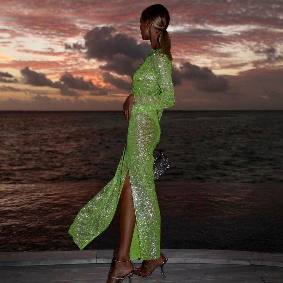 Rainbow Diamond Dusk Rhinestone Midi Dress - Hot Pink / XS - Mermaid Way