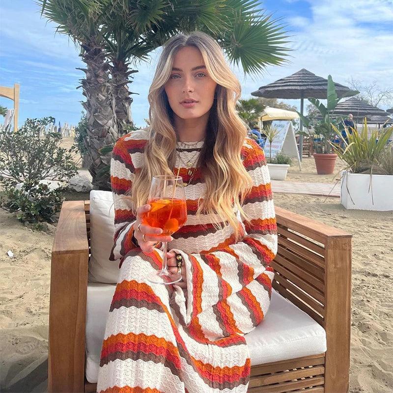 striped crochet long-sleeve dress, casual beach style