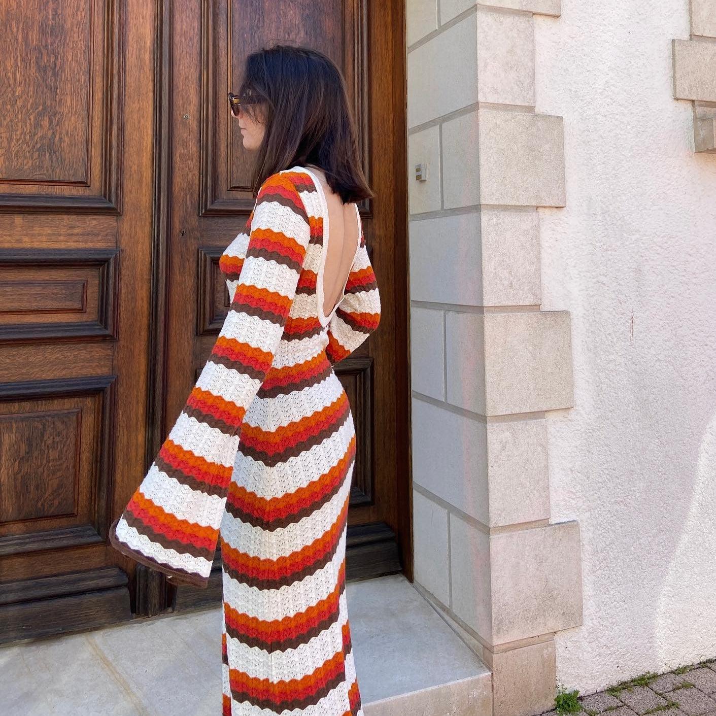 crochet stripe backless maxi dress with long sleeves, casual look