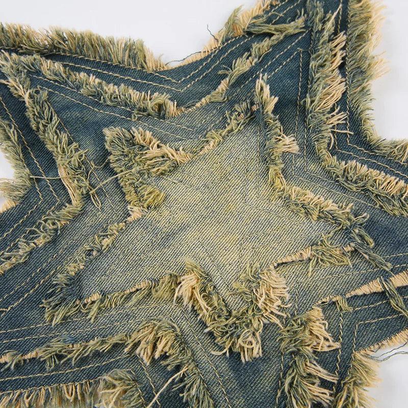 denim patchwork with frayed edges, star design