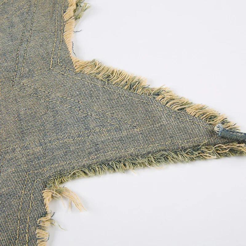 denim fabric with frayed edges, casual style