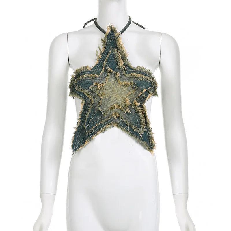 Halter neck denim star-shaped crop top, casual look