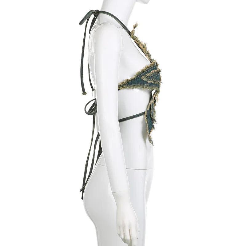 frayed denim wrap top with halter tie, edgy party style