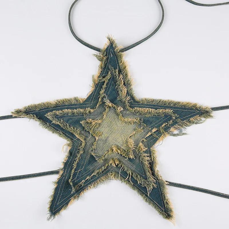 frayed denim star-shaped top, festival style