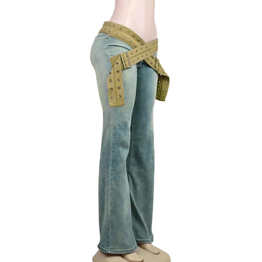 wide-leg denim jeans with studded wrap belt