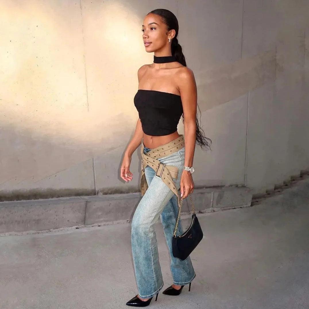 strapless crop top with wide choker, casual denim pants, pointed toe heels, and chain strap mini bag