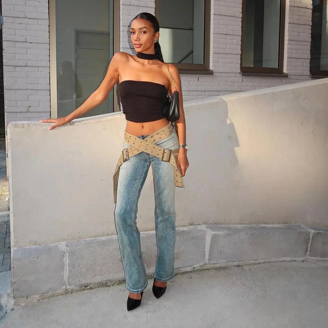 strapless black top with denim jeans, evening look