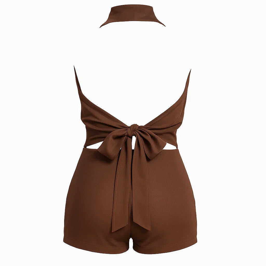 brown backless playsuit with bow detail, party outfit