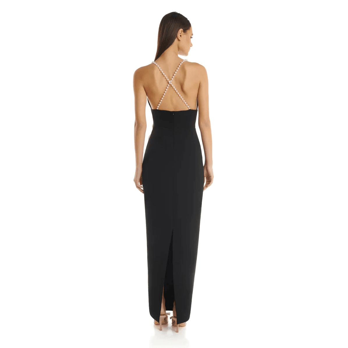 black maxi dress with pearl strap detail, evening wear