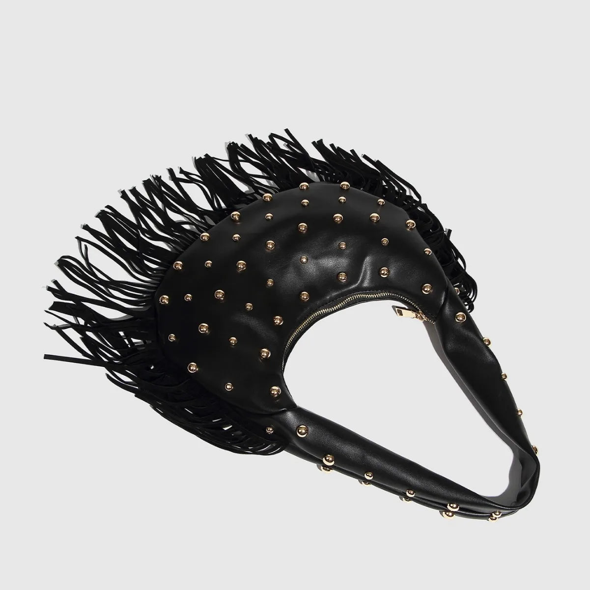 Black studded fringe bag with metallic studs, perfect for a night-out look.
