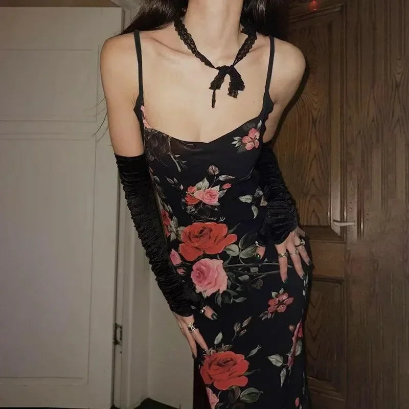 Rome Nights Flower Print Maxi Dress - Black / S - Mermaid Way