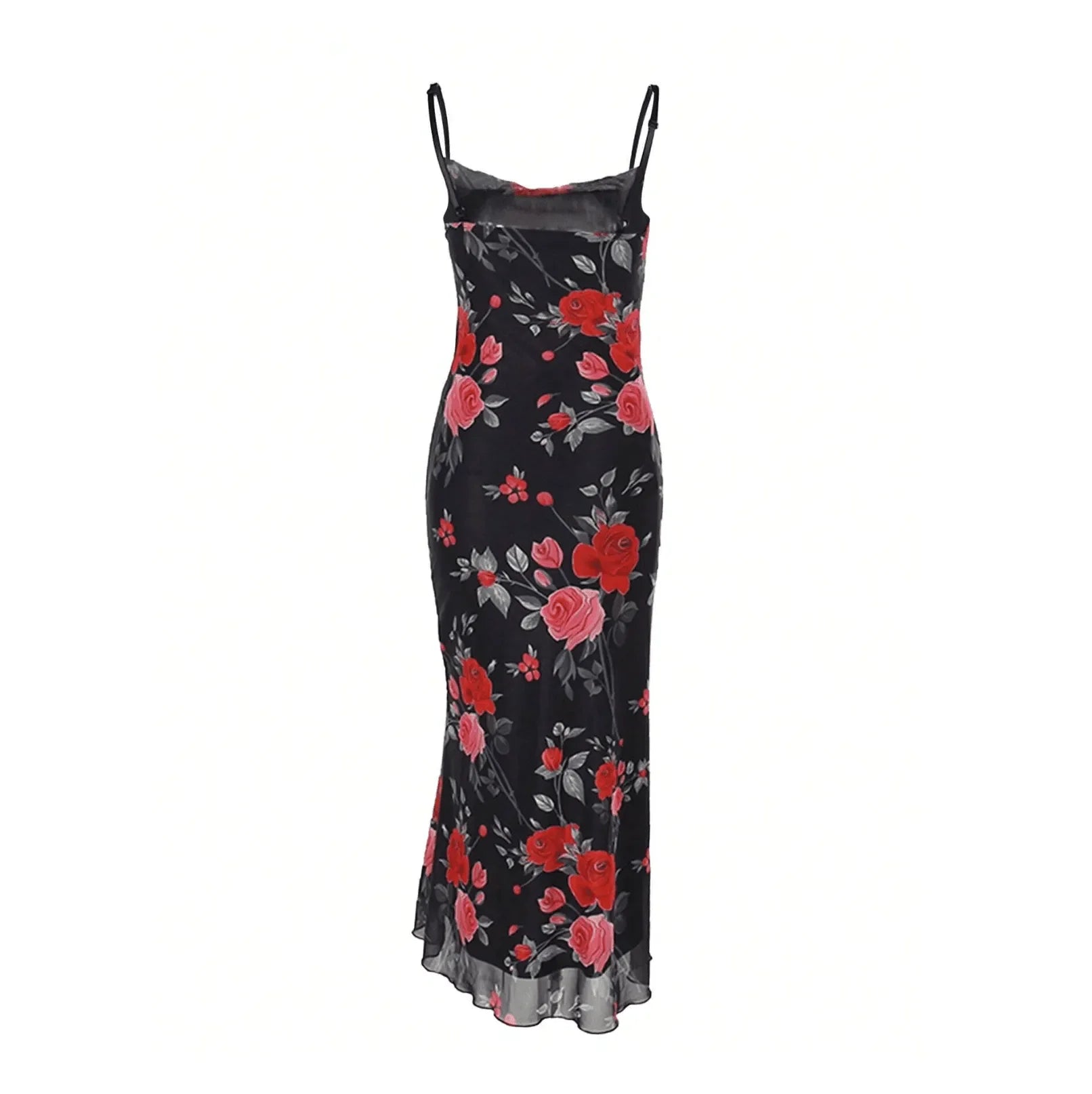 Black floral maxi dress with red roses, fitted style, adjustable spaghetti straps, perfect for evening outings.