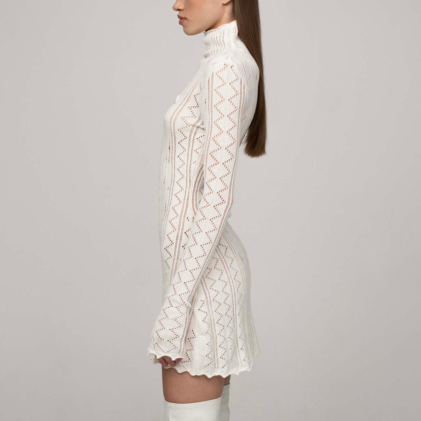 crochet knit mini dress with turtleneck, chic style
