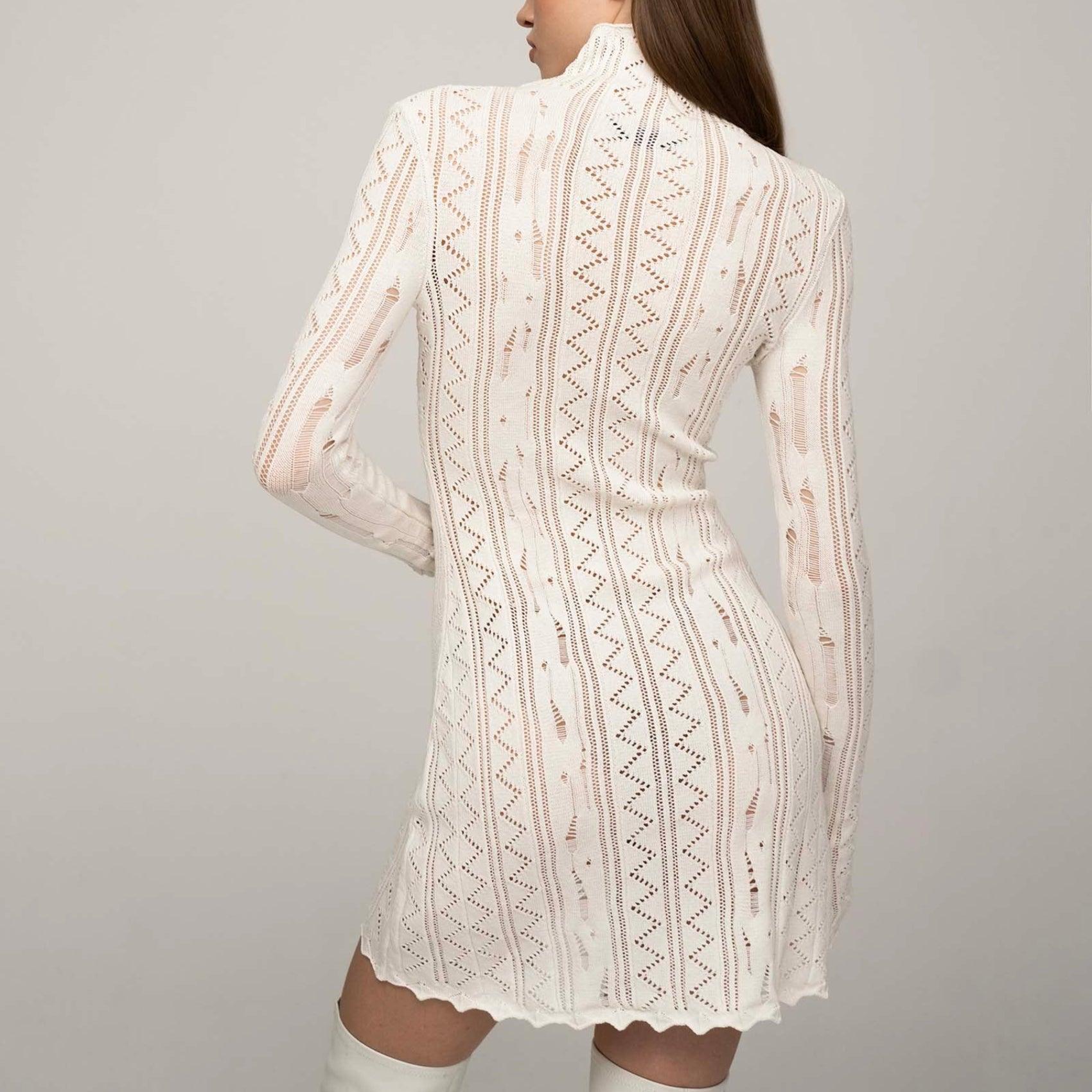 crochet mini dress with high neckline, chic look