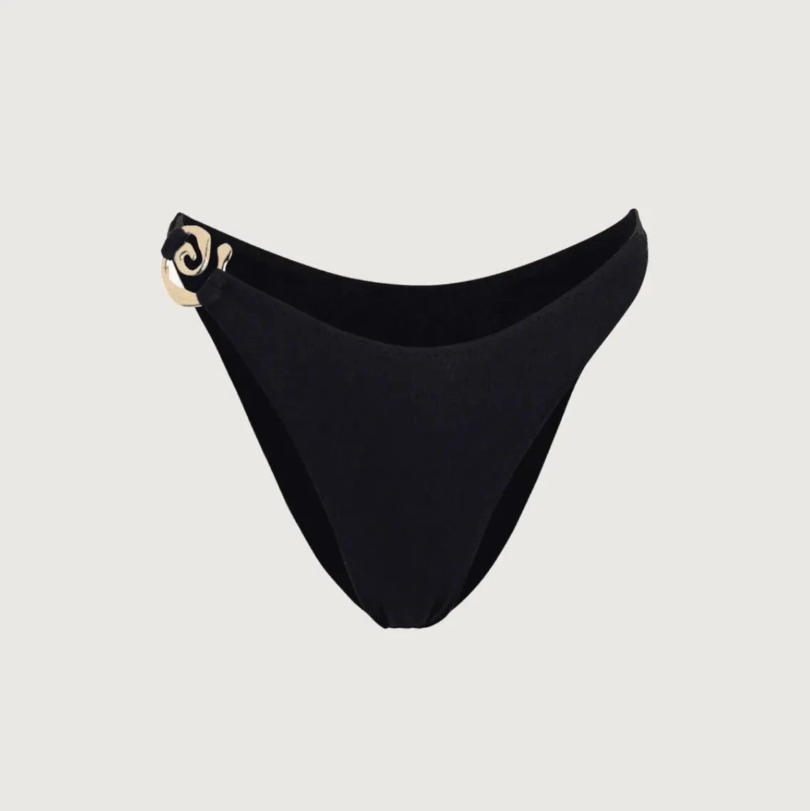 Black bikini bottoms with gold swirl detail.