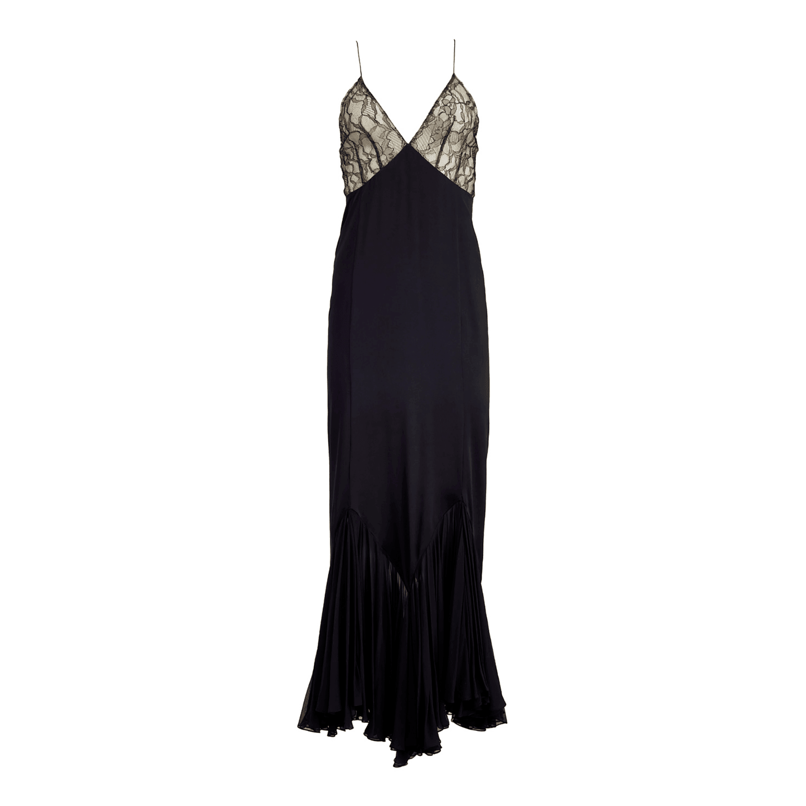 Black satin fishtail maxi dress with lace detail, featuring a plunging neckline and adjustable spaghetti straps.