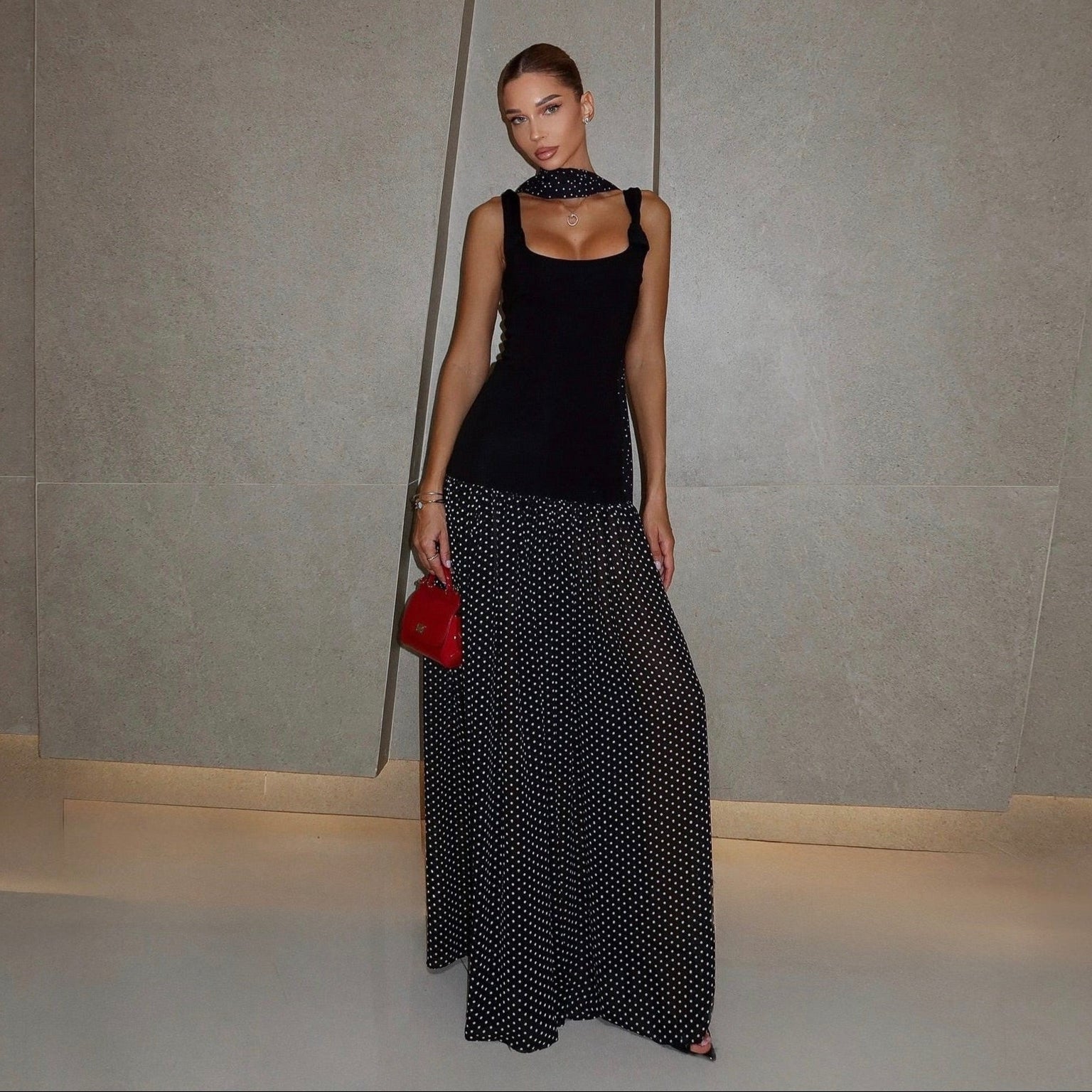 Secret Look Maxi Dress - Black Polka Dot with Scarf Detail Secret Look Maxi Dress - Black Polka Dot with Scarf Detail