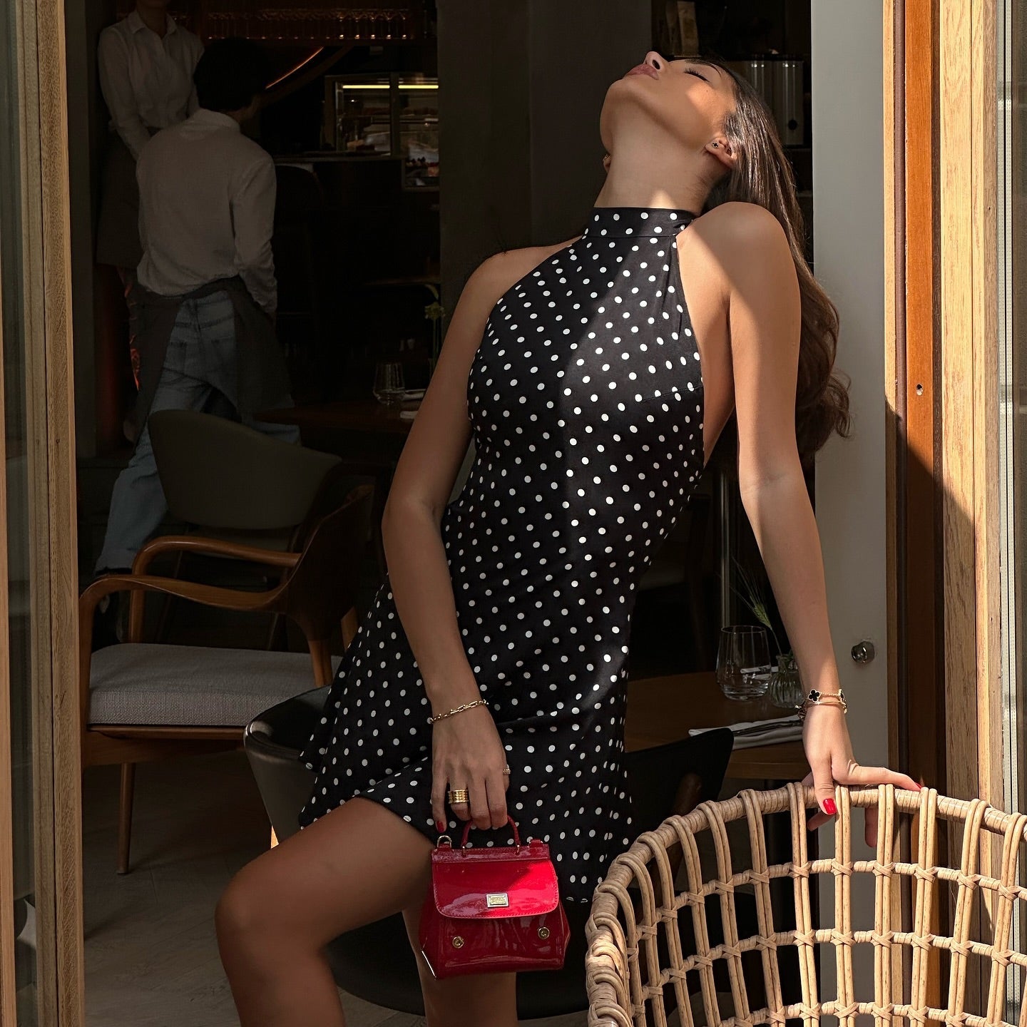 Secret Notes Black Halter Mini Dress with Polka Dots S Secret Notes Black Halter Mini Dress with Polka Dots S