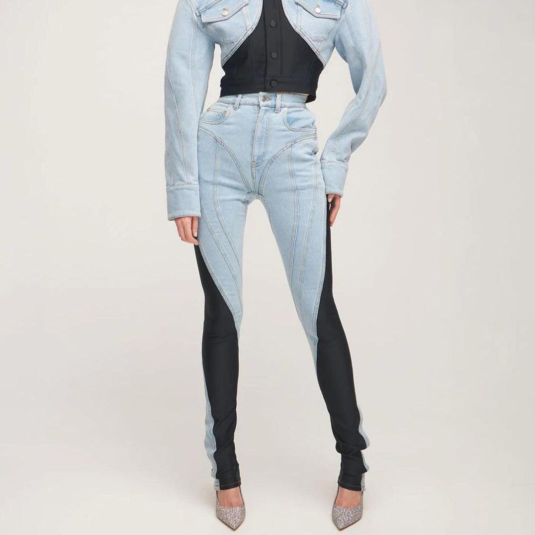 denim and black panel high-waisted skinny jeans with crystal pointed heels