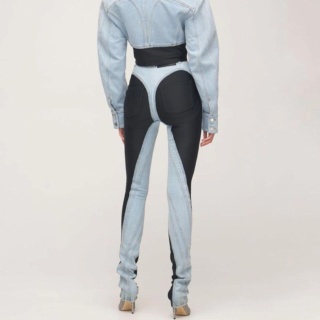 denim contrast two-tone fitted jumpsuit with stitched detailing, casual style