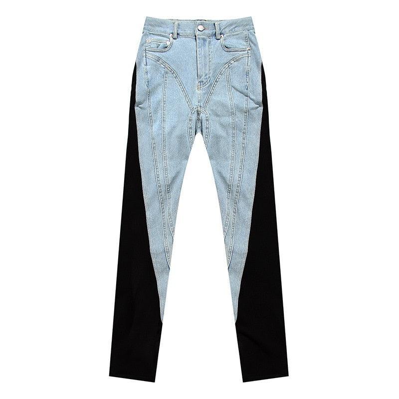 two-tone denim and black high-rise skinny jeans