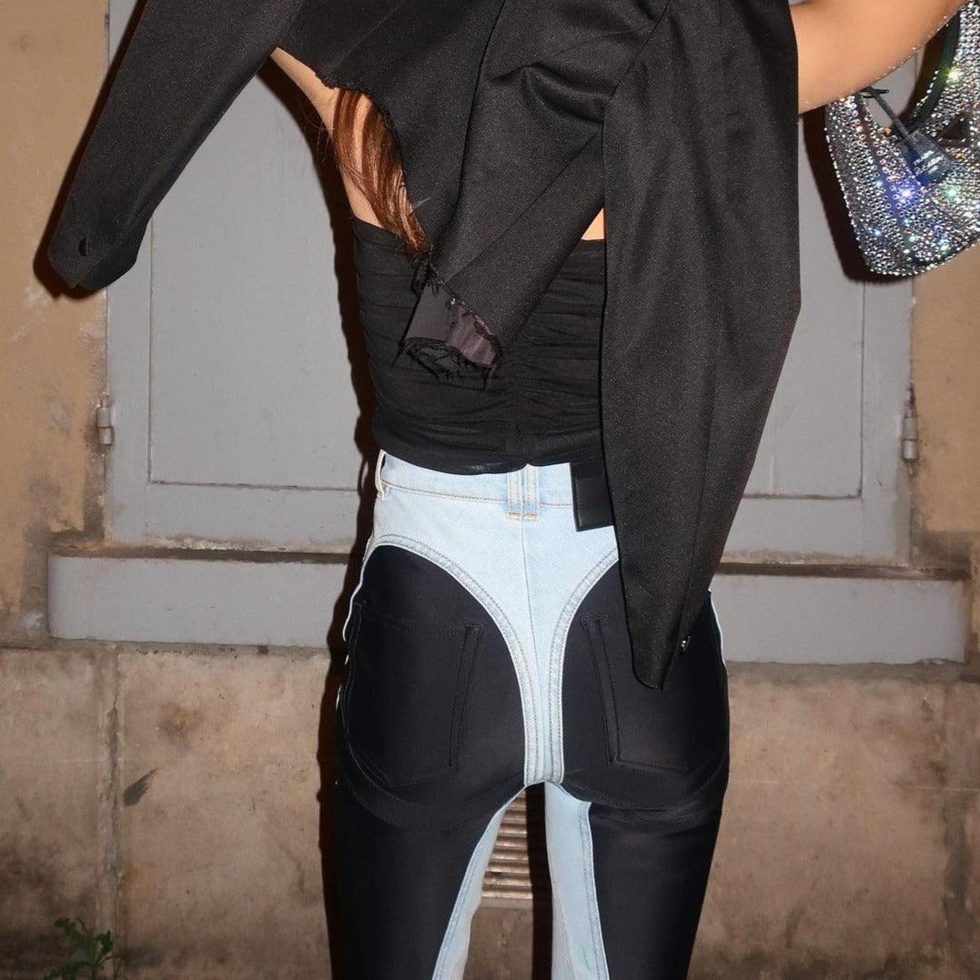 color-block denim and black pants with sequin bag, night-out style