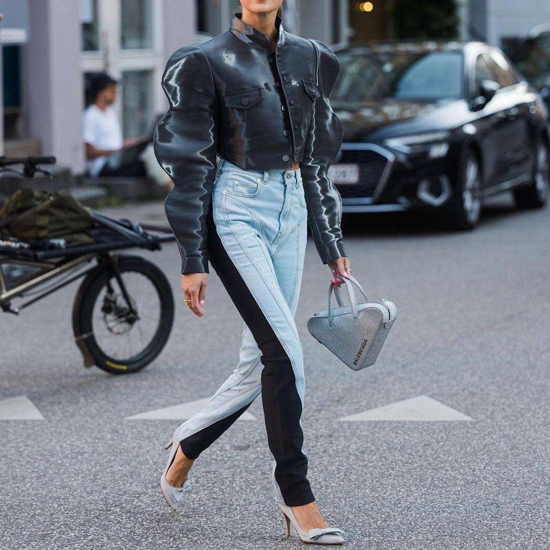 metallic puff-sleeve cropped jacket and two-tone high-waisted pants, street style
