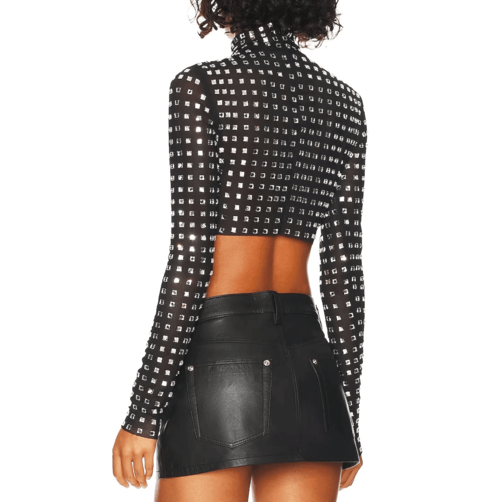 Black crystal mesh long sleeve top with a cropped design, styled with a high collar and paired with a black mini skirt.