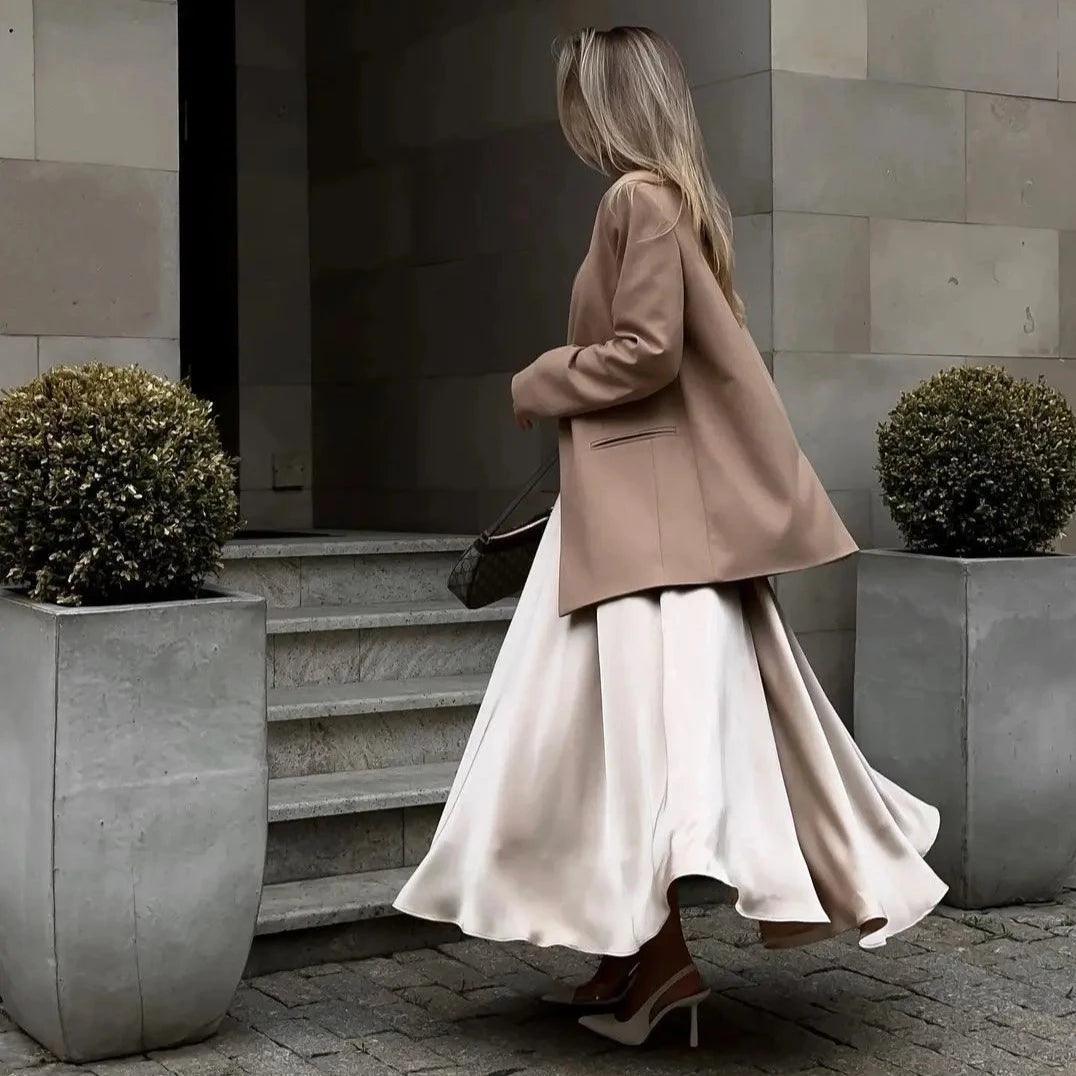 flowy satin midi skirt with beige blazer, elegant day look