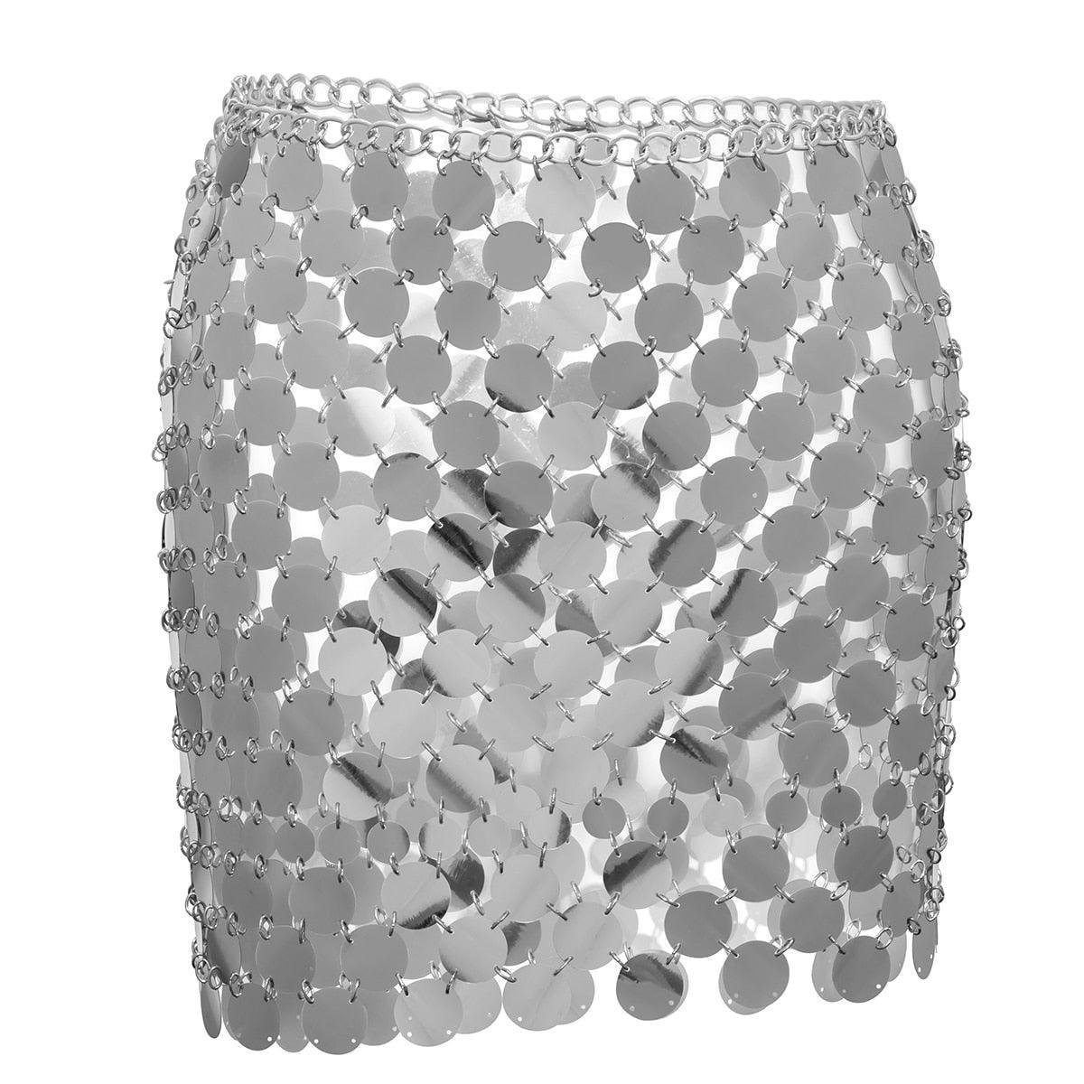 Silver chain mail skirt, ideal for party outfits.