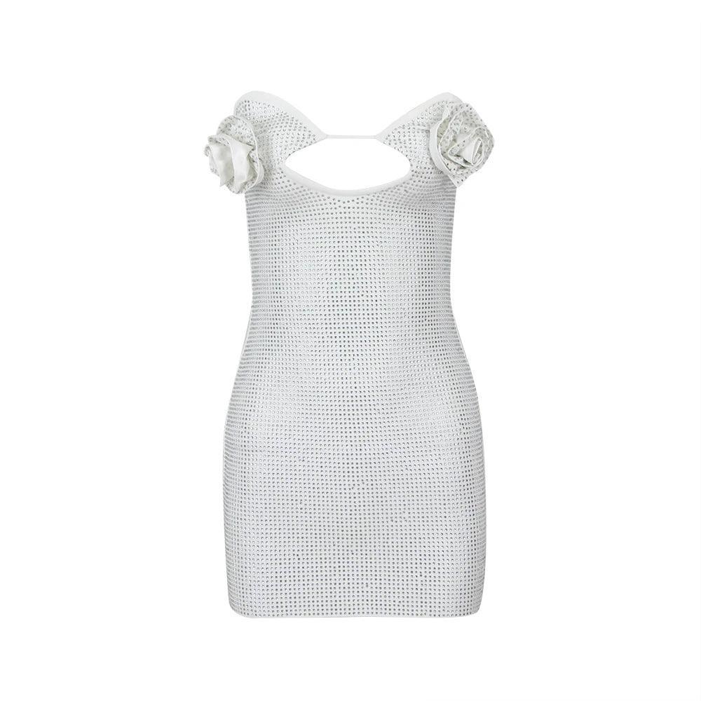 crystal-embellished mini dress with floral straps, party outfit
