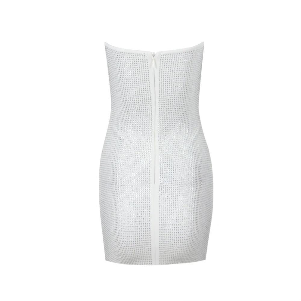 Silver mini dress featuring a diamond mesh design, strapless silhouette, and a fitted style for a sleek evening look.