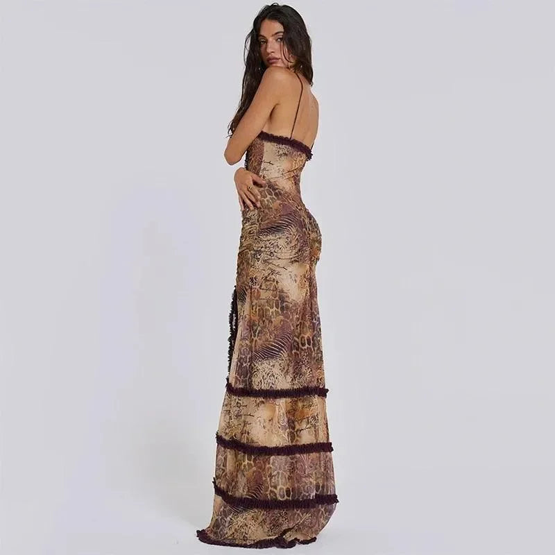 printed spaghetti strap maxi dress with feather trim, evening wear