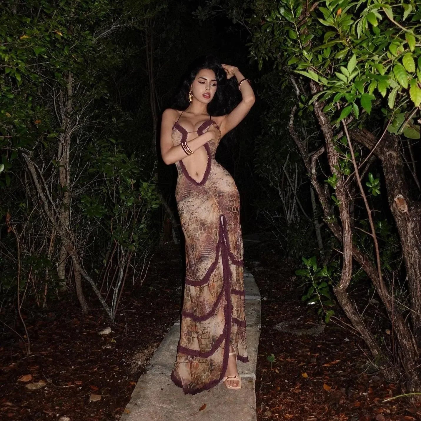 cut-out maxi dress with printed design, evening wear