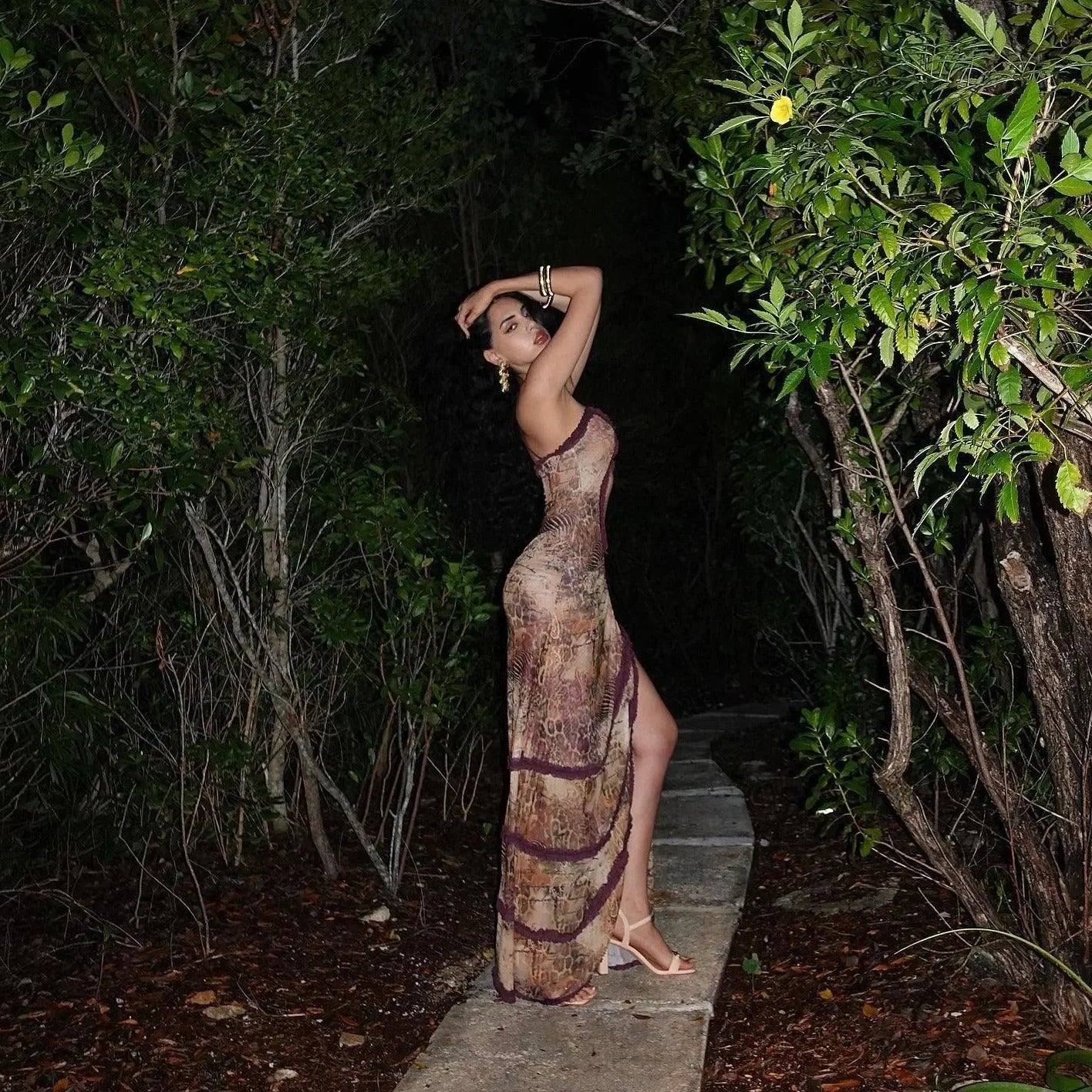 patterned mesh maxi dress with high slit, evening wear