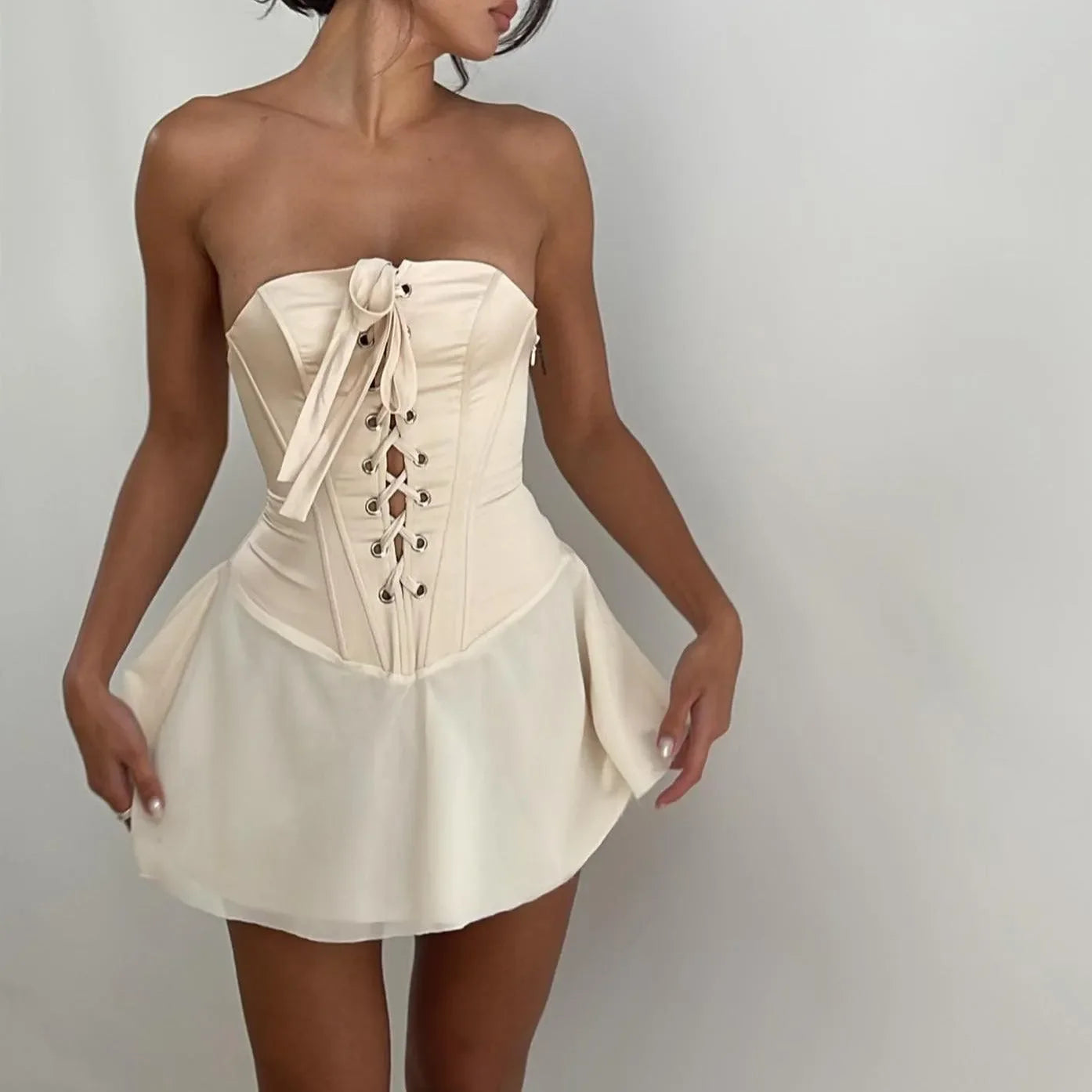 Summer Date Lace-Up Corset Mini Dress - Ivory / S - Mermaid Way