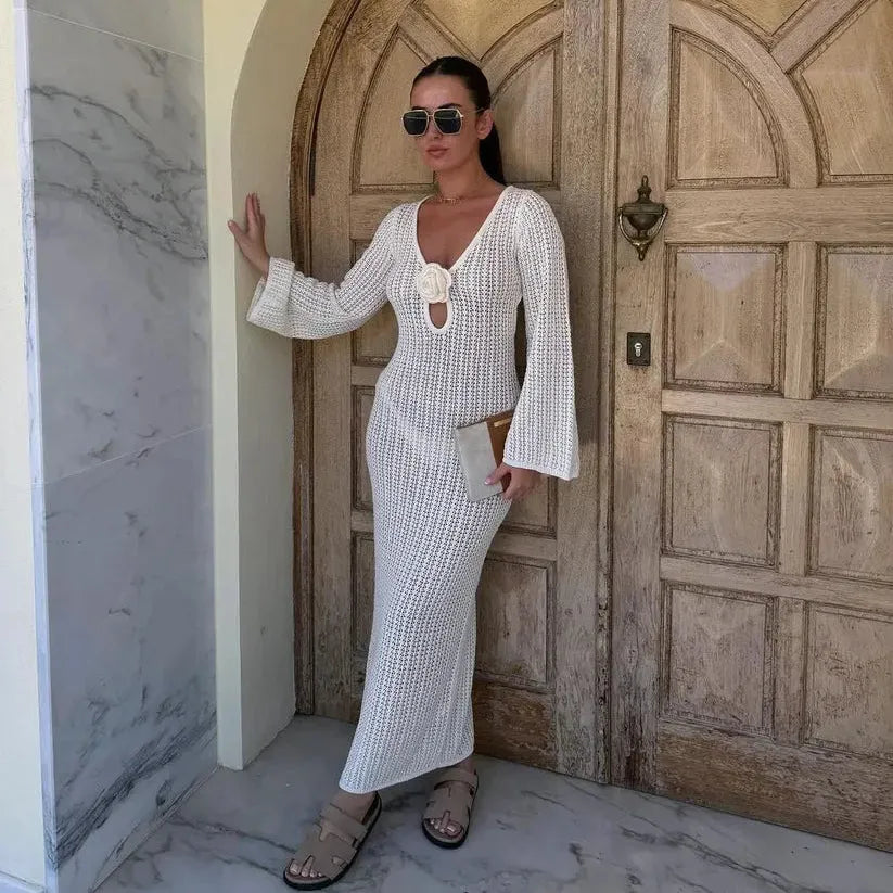 crochet maxi dress with bell sleeves