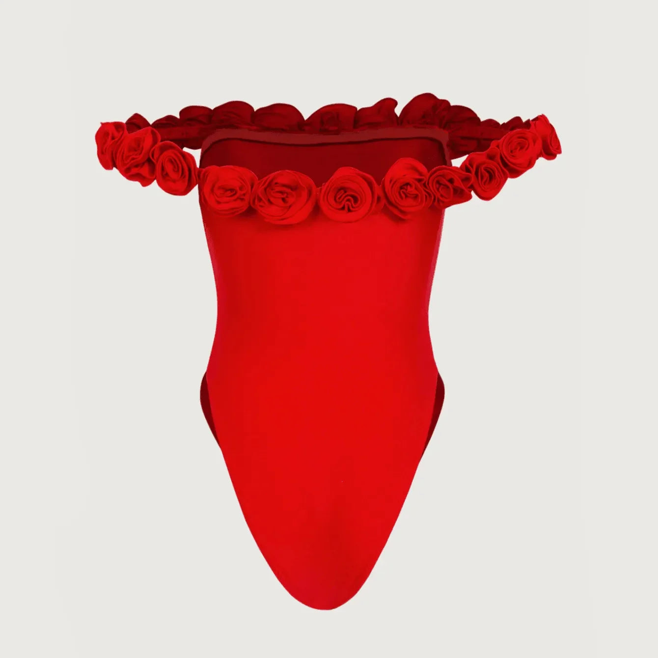 Red off-shoulder swimsuit featuring a floral ruffle neckline, perfect for beach days or poolside lounging.
