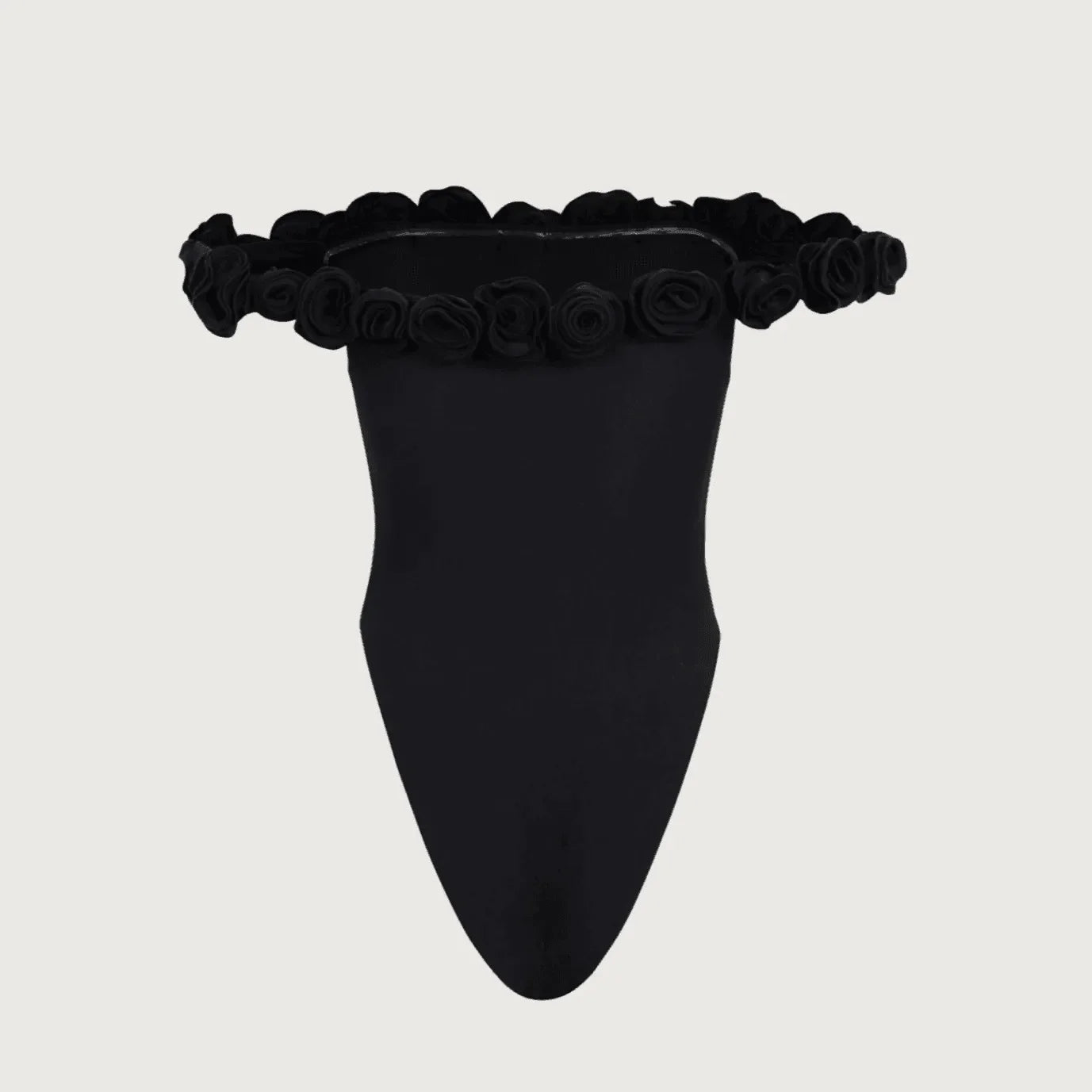 black satin bodycon dress with floral neckline, evening wear