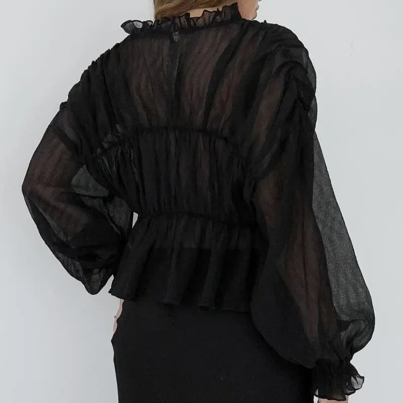 black sheer ruched blouse with ruffled details