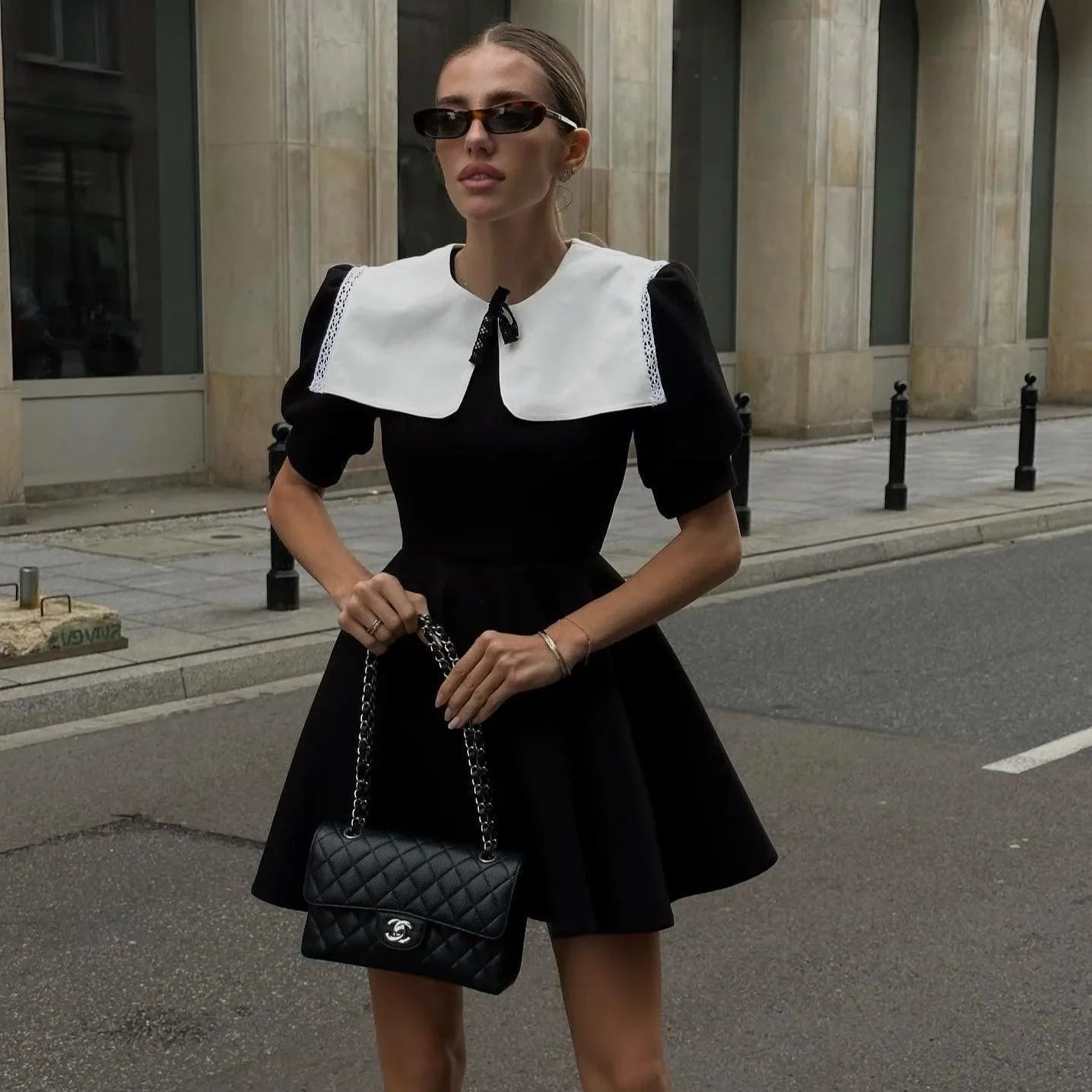 knee length dresses for ladies Black and White Knit A-Line Mini Dress