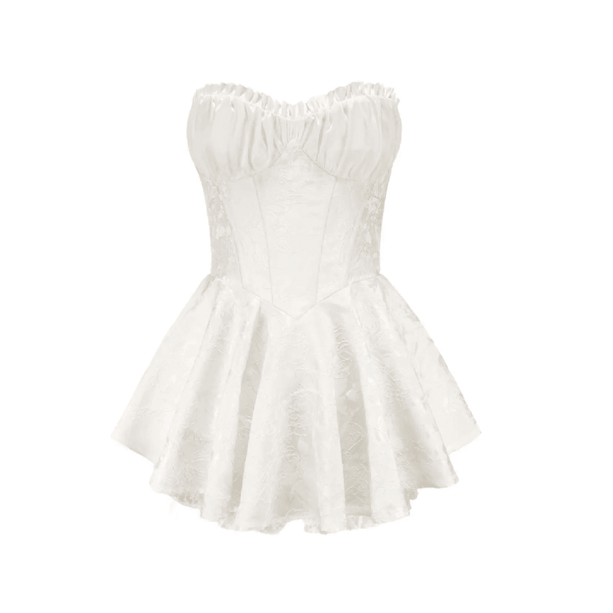 White satin mini dress with corset bodice, ruffled neckline, and flared skirt, perfect for a night out or special occasion.