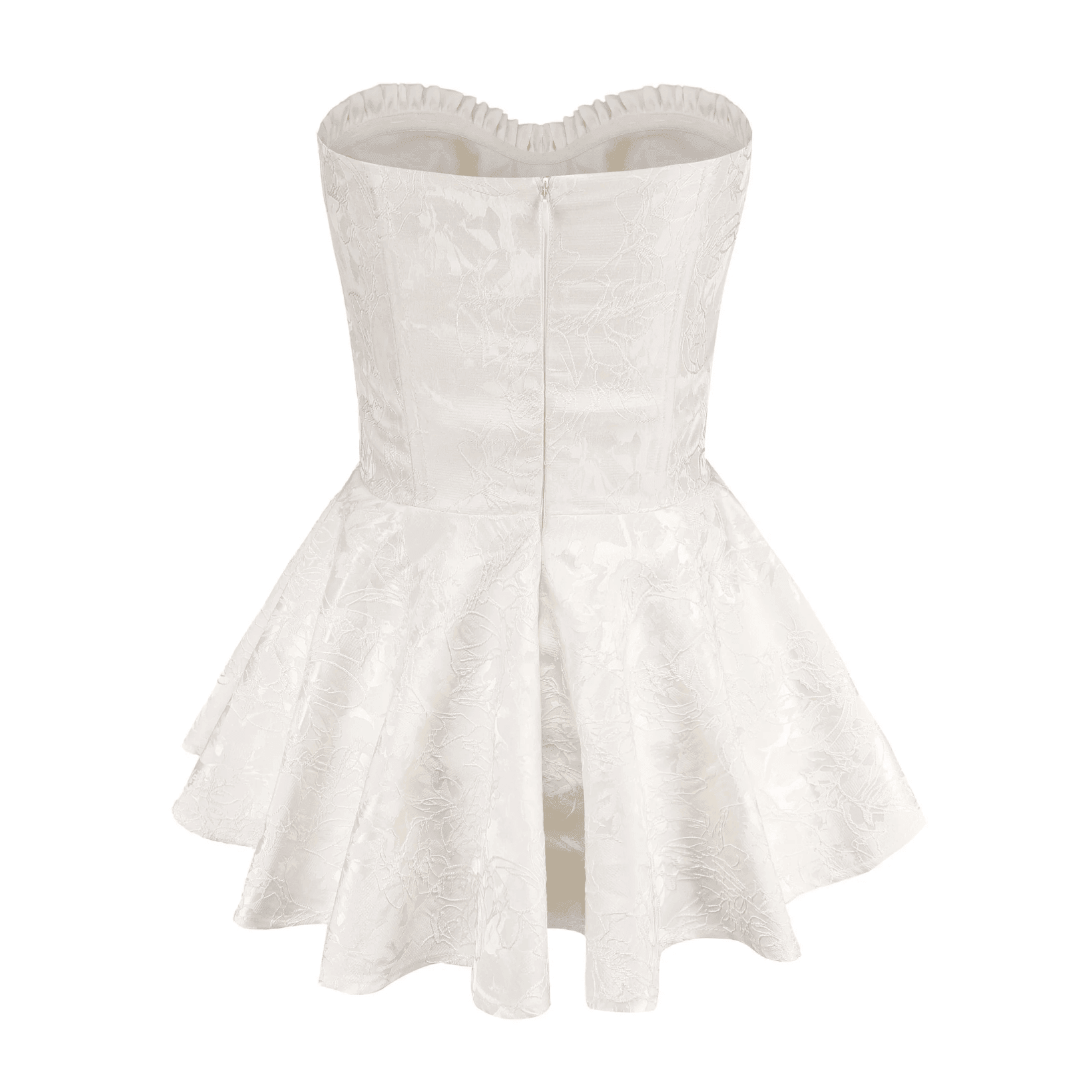 White satin mini dress with a corset bodice and flared skirt, perfect for a chic evening look.