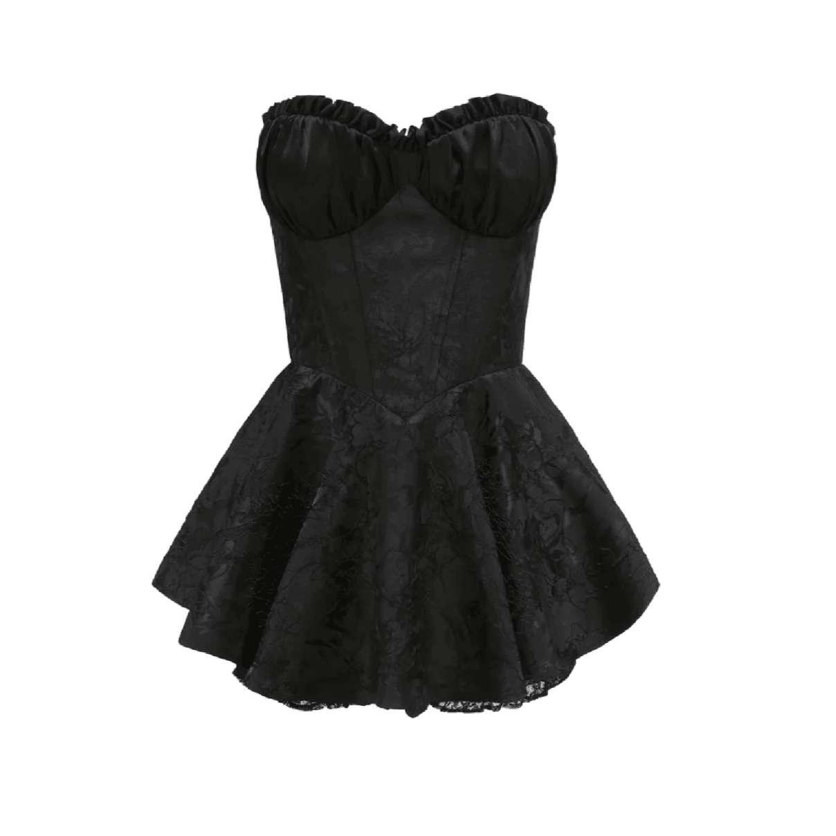 Black satin mini dress with corset top and flared skirt, featuring ruffled edges, perfect for a night out.