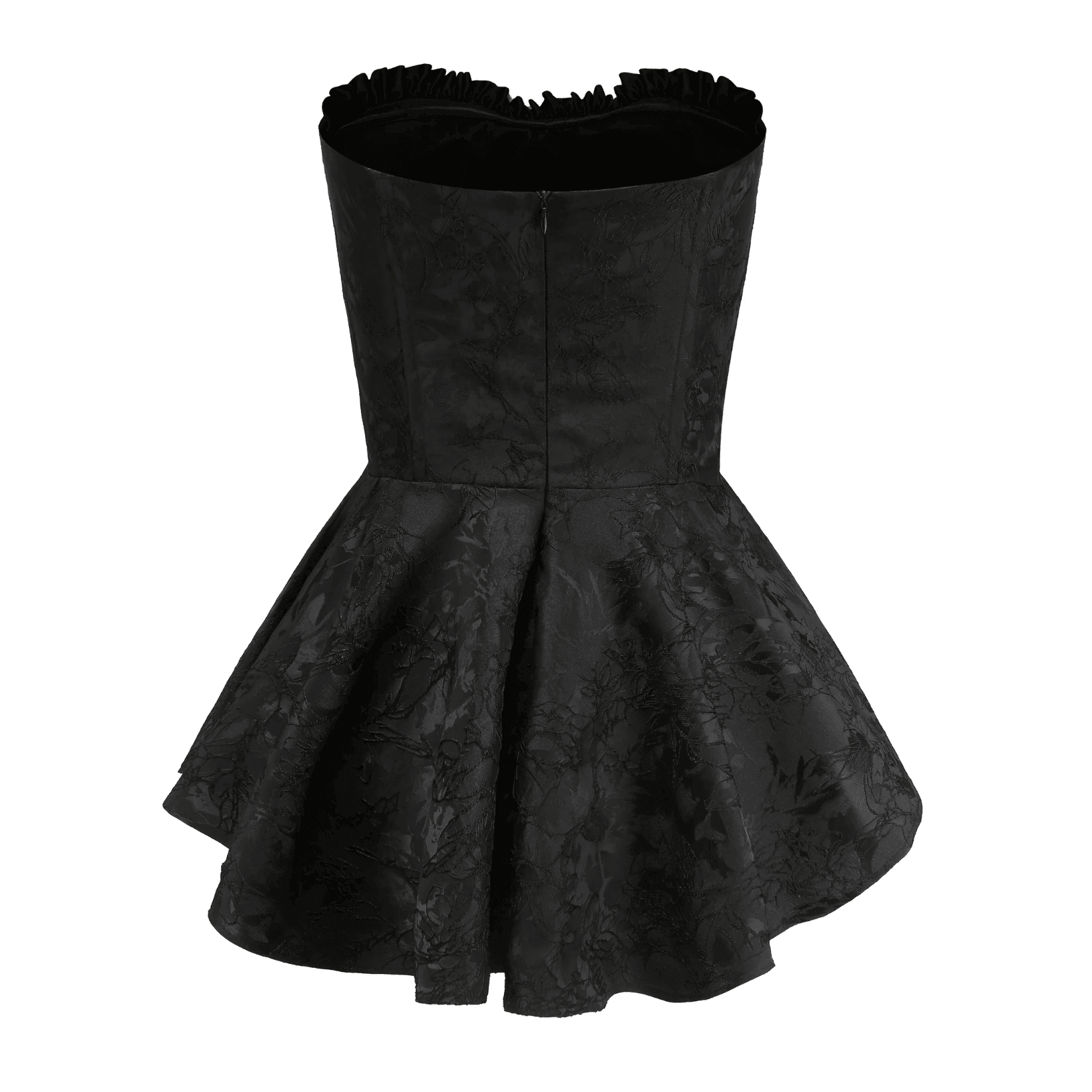 Black satin mini dress with corset bodice and flared skirt, featuring a ruffled neckline for a chic evening look.