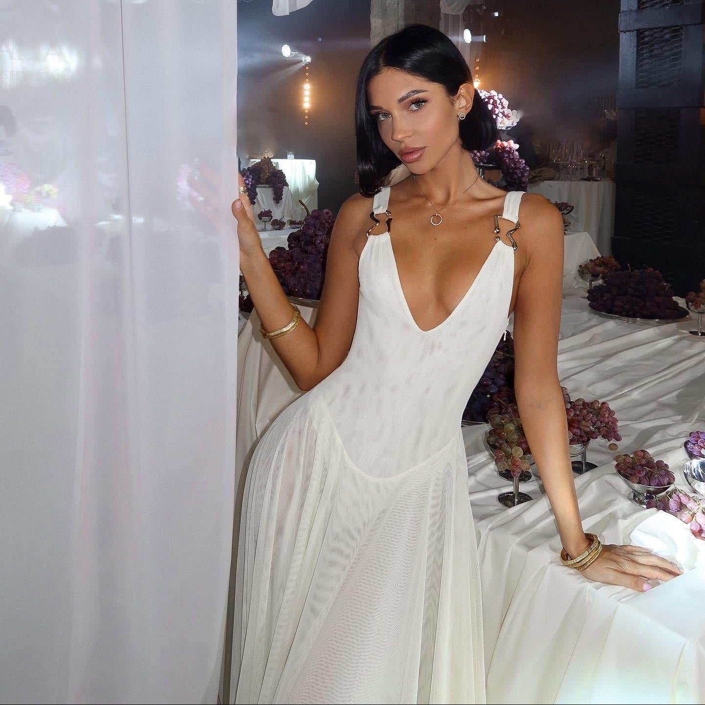 white mesh party dress Garden Party Glow Mesh Polka Dot Midi Dress (Ivory)