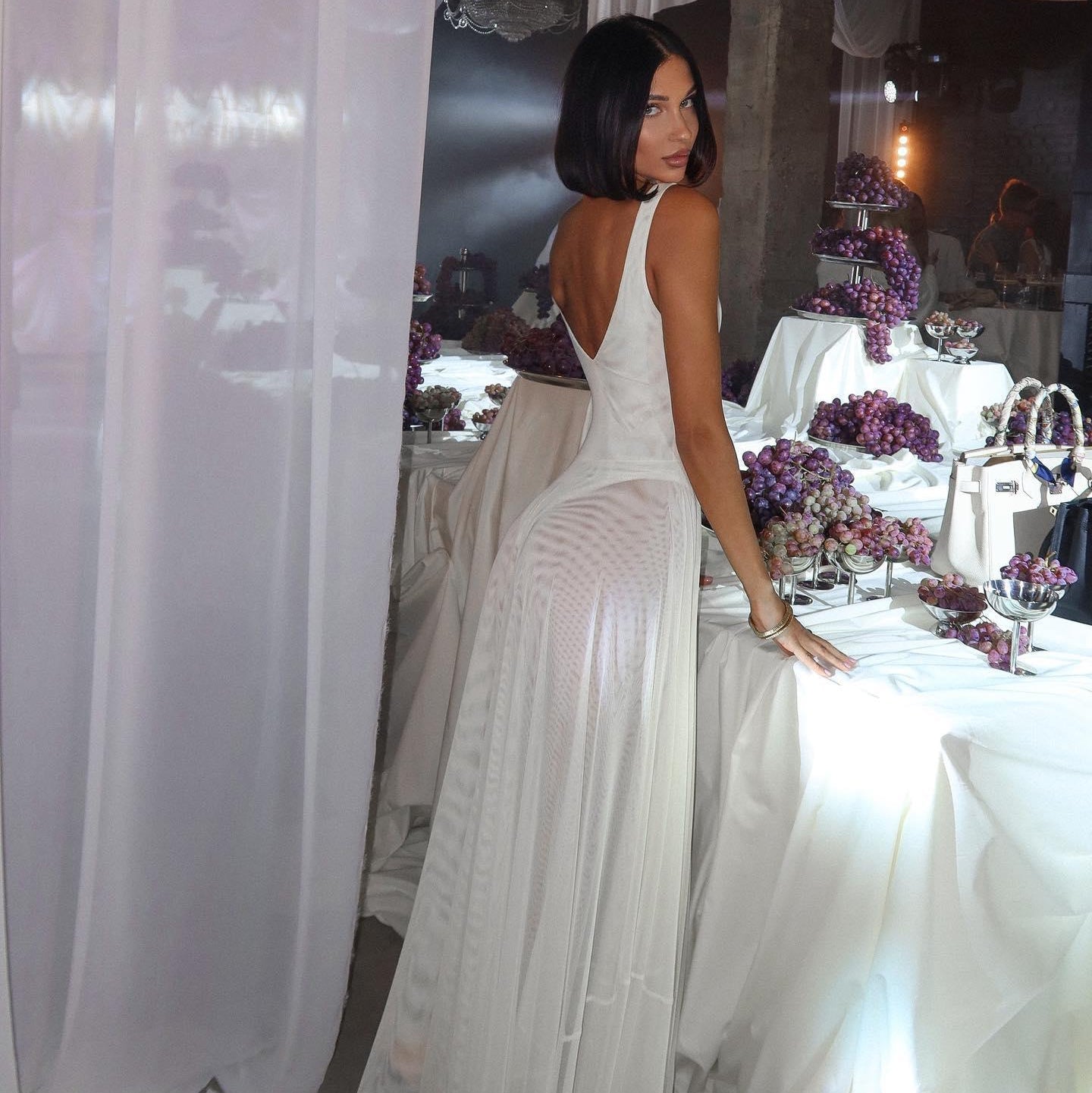 Ivory mesh maxi dress with a fitted bodice, backless design, and flowing skirt, perfect for elegant occasions.